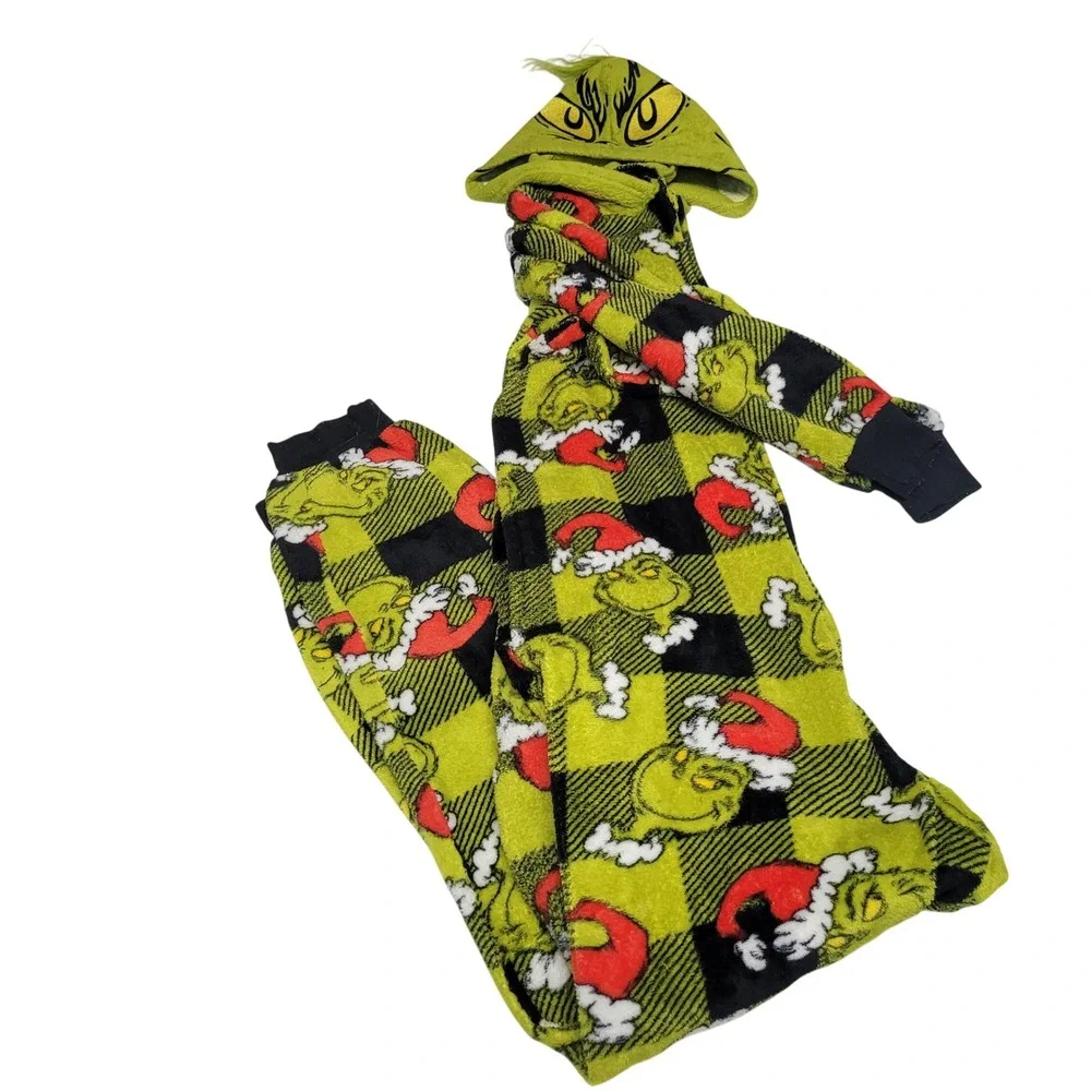 Dr Seuss The Grinch Christmas Fleece Hooded Union Suit Pajamas Small 4-6 Green